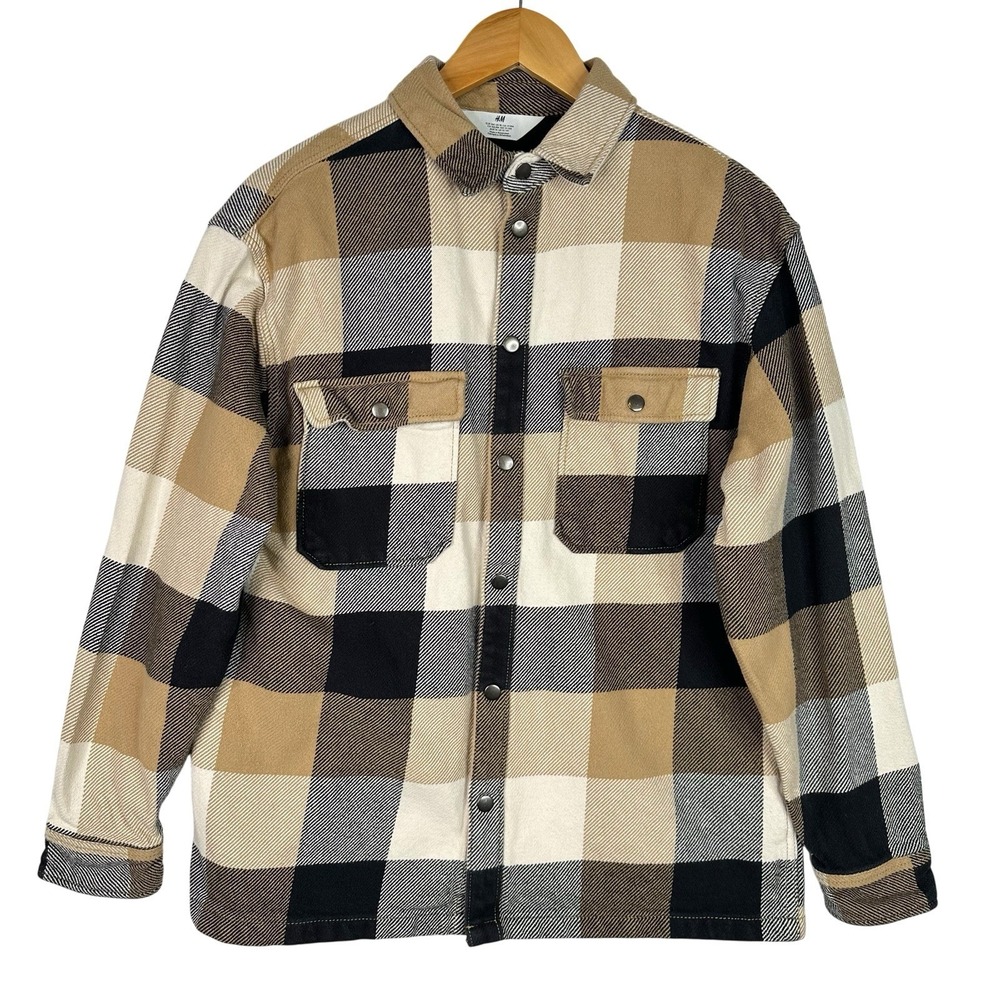 H&M Oversized Flannel Overshirt Buffalo Plaid Snap Button Front Shacket Youth 18
